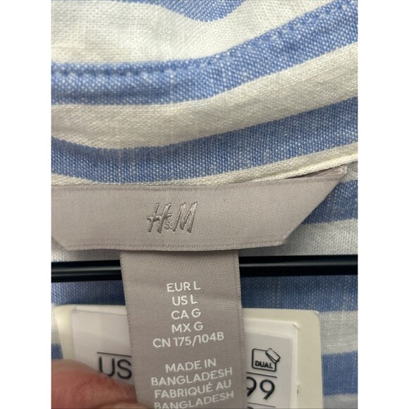 NWT H&M Button-Up Shirt Blue White Striped Large Long Sleeve Linen Blend Preppy - Picture 2 of 5